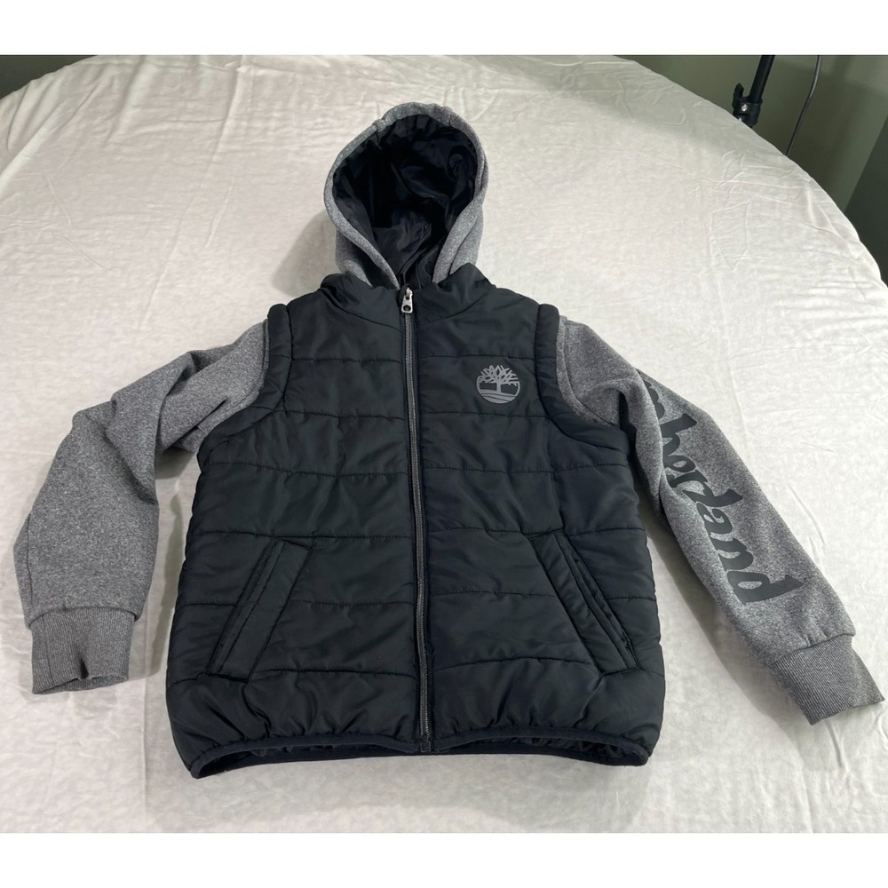Timberland Kids Hooded Jacket Puffer Vest Logo Sleeve Gray Black Size Small 7/8
